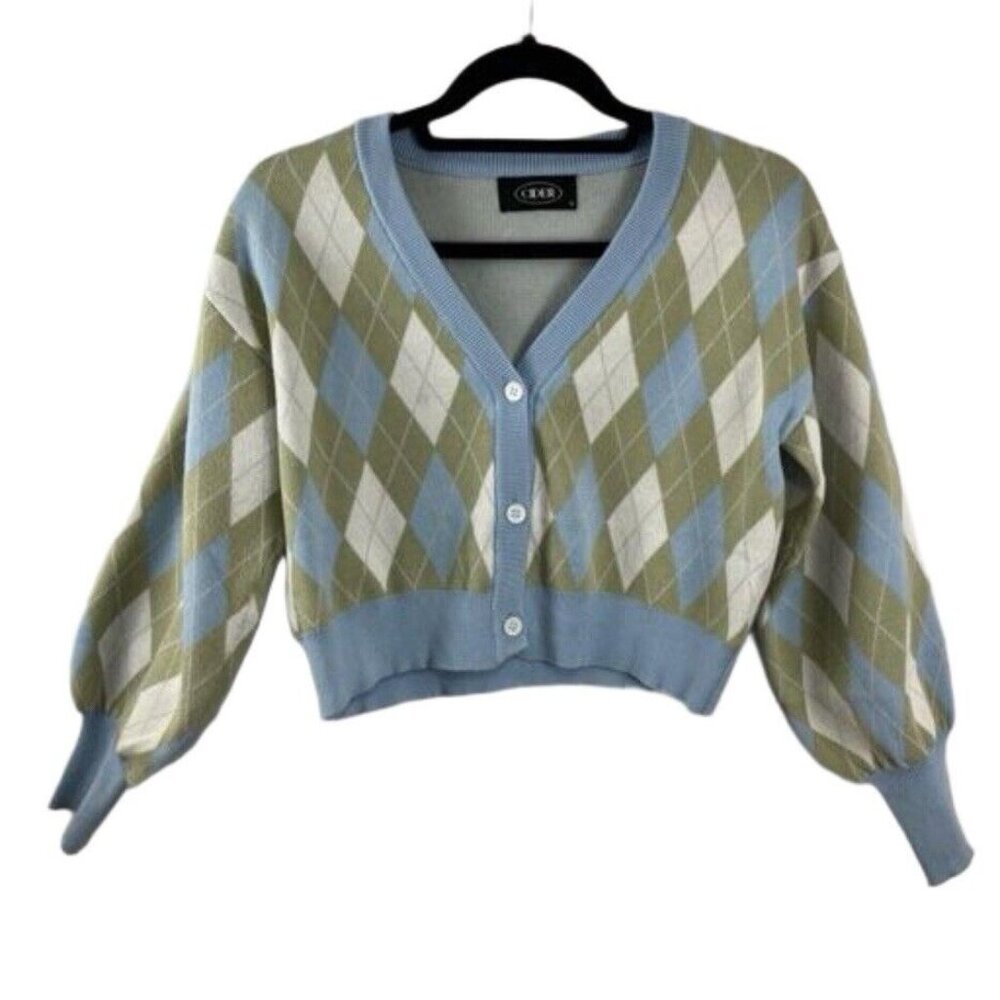 Cider Cropped Cardigan Argyle V-Neck Preppy Soft Girl Sweater
